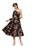 Oomph! Women'S Western & Fusion Wear Printed Crepe Dress For Women One Shoulder Black - Md1073,Jet Black,Jet Black,M