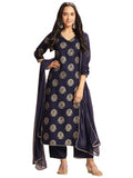 Gosriki Women'S Rayon Blend Printed Straight Kurta With Pant & Dupatta (Jubal Navy Blue-Gs_L_Navy Blue_Large),Navy Blue,,B0DT775X3M