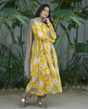Anni Designer Women'S Rayon Blend Anarkali Printed Kurta With Pant & Dupatta (Purimor Yellow_L_Yellow_Large),Yellow,L,Rayon Blend,Anarkali,