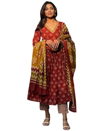 Gosriki Women'S Rayon Blend Anarkali Printed Kurta With Pant & Dupatta (Nirmal Maroon-Gs_M_Maroon_Medium),Maroon,,B0DBM36YJ2