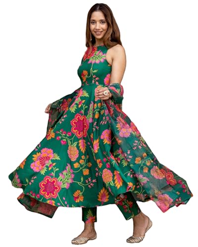 Anni Designer Women'S Cotton Blend Printed Anarkali Kurta With Pant & Dupatta (Tanujashri Green_M_Green_Medium),Green,M