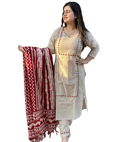 Anni Designer Women'S Cotton Blend Straight Embroidered Kurta With Pant & Dupatta (Dd Beige-Nw_L_Beige_Large),Beige,L