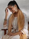 Libas Womens Printed Cotton Blend Straight Kurta With Trousers And Dupatta Off White S