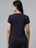 Enamor Essentials Short Sleeve Round Neck Slim Fit Stretch Cotton Tshirt For Womens-E147 (E147_Navy/ Peace Graphic_L)