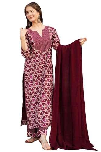 Gosriki Women'S Rayon Blend Straight Printed Kurta With Pant & Dupatta (Chikroom Maroon-Gs_Xxl_Maroon_Xx-Large),Maroon,2,B0DC6JLNPK
