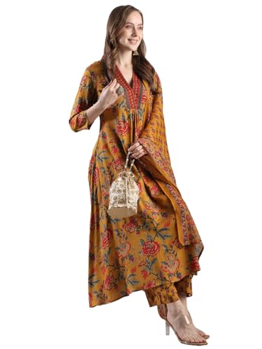 Anni Designer Women'S Rayon Blend Anarkali Printed Kurta With Palazzo & Dupatta (Cia Yellow-Vks05_L_Yellow_Large),Yellow,L
