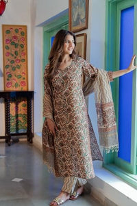Gosriki Women'S Rayon Blend Straight Printed Kurta With Pant & Dupatta (Sense Beige-Gs_L_Beige_Large),Beige,,B0DBM1W1HJ
