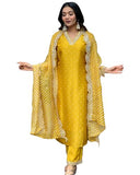 Anni Designer Women'S Rayon Blend Printed Straight Kurta With Pant & Dupatta (June Yellow_L_Yellow_Large),Yellow,L