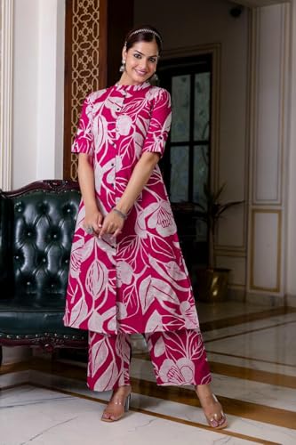 Anni Designer Women'S Rayon Viscose Straight Printed Kurta With Palazzo (Diboli Pink_L_Pink_Large),Pink,L,Rayon Blend,Classic,