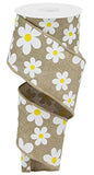 Daisy Flower Canvas Wired Edge Ribbon, 10 Yards (Light Beige, 2.5)