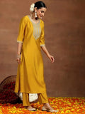 Libas Gerua Womens Yoke Design Silk Blend Straight Kurta With Trousers Mustard Xl