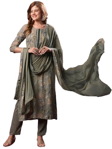 Anni Designer Women'S Rayon Blend Printed Straight Kurta With Pant & Dupatta (Vice Grey-Vks02_M_Grey_Medium),Grey,M