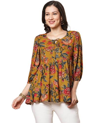 Anni Designer Women'S Tunics Tops Rayon Viscose Printed Short Top For Women (Silvi Yellow_Xxl_Yellow_Xx-Large),Yellow,2XL