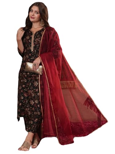 Gosriki Women'S Cotton Blend Straight Printed Kurta With Pant & Dupatta (Sandeepa Black-Gs_S_Black_Small),Black,,B0DM1TBDWT