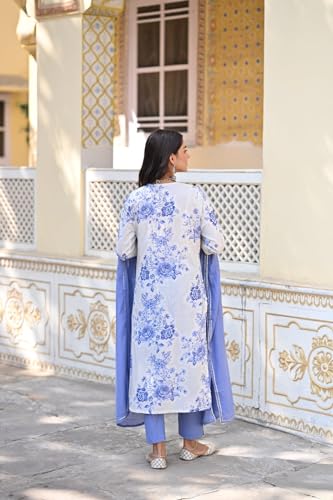 Gosriki Women'S Cotton Blend Printed Straight Kurta With Pant & Dupatta (Bhool Blue-Nw-Gs_M_Blue_Medium),Blue,,B0D17XVD4Q
