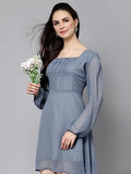 Lookmark Women'S Georgette Butti Fit And Flare Midi A-Line One Piece Western Dress In Grey Color(Sd648-M)