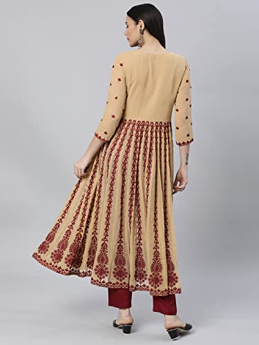Anni Designer Women'S Georgette Chikankari Embroidered Anarkali Kurti (Kari-Beige-Sm_L_Beige_Large),Beige,L,Georgette,Anarkali,