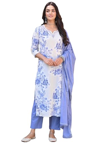 Gosriki Women'S Cotton Blend Printed Straight Kurta With Pant & Dupatta (Bhool Blue-Nw-Gs_M_Blue_Medium),Blue,,B0D17XVD4Q