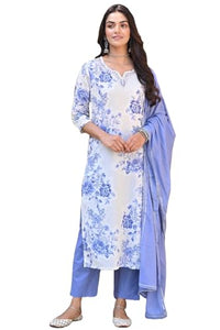 Gosriki Women'S Cotton Blend Printed Straight Kurta With Pant & Dupatta (Bhool Blue-Nw-Gs_M_Blue_Medium),Blue,,B0D17XVD4Q