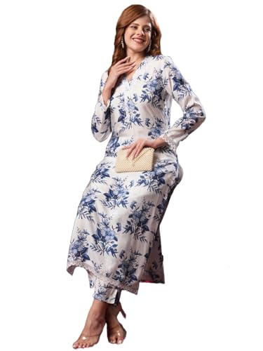 Gosriki Women'S Rayon Blend Straight Printed Kurta With Pant (Pivar White-Vks02-Gs_L_White_Large),White,,B0D9YTZPNR