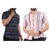 LookMark Men's Trendy Lycra Blend Spread Collar Half Sleeve Printed Shirts - Elevate Your Style with Comfort and Versatility (Pack of 2 AZ-LM-OG-52 BLUE-53 Pink-XXL),Blue-Pink