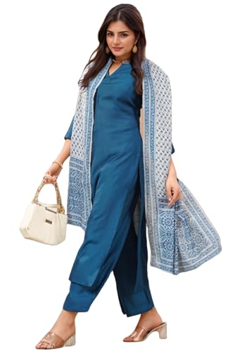 Anni Designer Women'S Rayon Viscose Solid Straight Kurta With Pant & Dupatta (Vardhan Blue-Vks01_S_Blue_Small),Blue,S