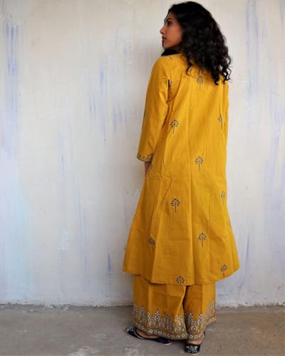 Anni Designer Women'S Rayon Viscose Anarkali Printed Kurta With Palazzo (Hanaya Yellow_S_Yellow_Small),Yellow,S,Rayon,Anarkali,