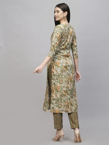 Anni Designer Women'S Cotton Blend Straight Printed Kurta With Pant (Seep Green_Xl_Green_X-Large),Green,XL,Rayon Blend,Straight,Kurta