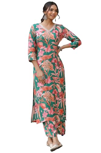 Anni Designer Women'S Cotton Blend Straight Printed Kurta With Palazzo (Chinki Green_4Xl_Green_Xxxx-Large),Green,4XL