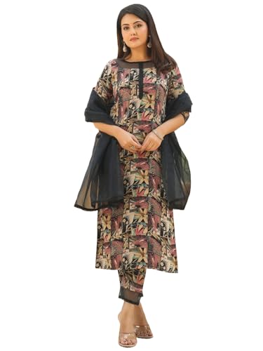 Anni Designer Women'S Rayon Blend Printed Straight Kurta With Pant & Dupatta (Keech Black_Xxl_Black_Xx-Large),Black,2XL
