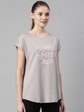 Enamor Athleisure Relaxed Fit Short Sleeve Boat Neck Antimicrobial Finish Breathable Stretch Cotton Activewear Sports Tshirt for Women-E131 (E131_Mauve Grey/Be Here Graphic_S),Mauve Grey/Be Here G