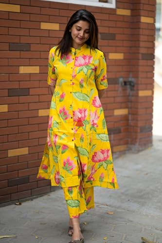 Anni Designer Women'S Rayon Viscose Straight Printed Kurta With Pant (Ladat Yellow_Xxl_Yellow_Xx-Large),Yellow,2XL,Vicose Rayon,Regular,