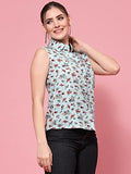 Oomph! Women'S Viscose Rayon Printed Shirt With Collared Neck And Sleeveless,Light BlueApparel,L