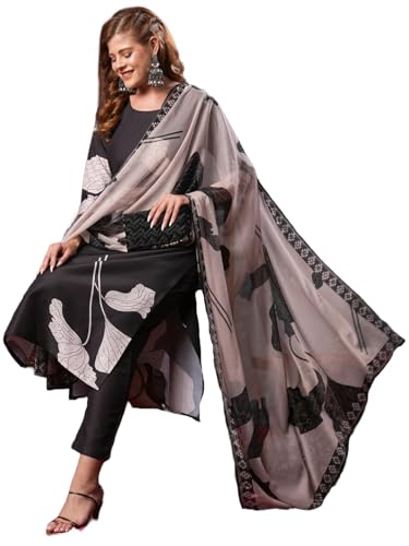 Gosriki Women'S Rayon Blend Straight Printed Kurta With Pant & Dupatta (Meerut Black-Gs_Xl_Black_X-Large),Black,,B0D9YWGLRN