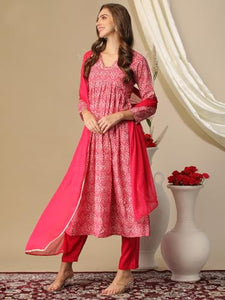 Gosriki Women'S Cotton Blend Printed Straight Kurta With Pant & Dupatta (Manchali-Rani-Nw-Gs_Xl_Pink_X-Large),Pink,,B0D3BZ7BBG