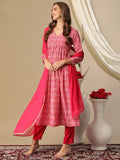 Anni Designer Women'S Cotton Blend Printed Straight Kurta With Pant & Dupatta (Manchali-Rani-Nw_Xxl_Pink_Xx-Large),Pink,2XL,Cotton Blend,Casual,