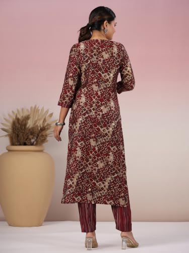 Anni Designer Women'S Rayon Blend Straight Printed Kurta With Pant (Kivala Wine_Xxl_Wine_Xx-Large),Wine,2XL,Rayon Blend,Regular,Kurta