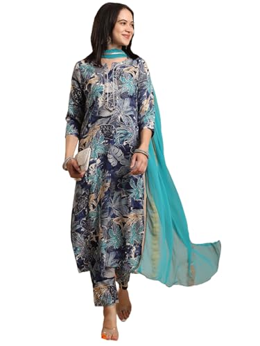 Anni Designer Women'S Rayon Blend Straight Printed Kurta With Pant & Dupatta (Rishi Blue_M_Blue_Medium),Blue,M