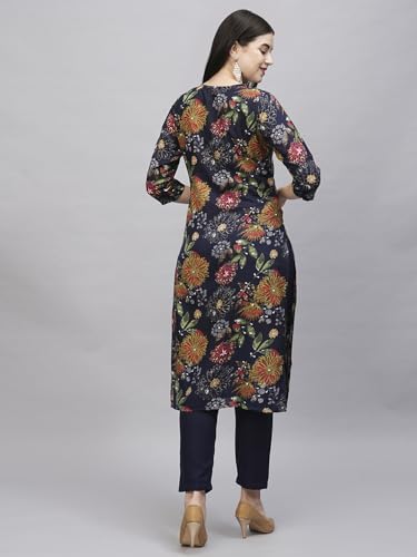 Anni Designer Women'S Cotton Blend Straight Printed Kurta With Pant (Paajas Navy Blue_Xxl_Navy Blue_Xx-Large),Navy Blue,2XL,Cotton Blend,Straight,Kurta