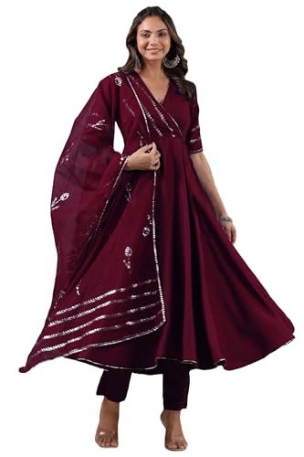 Gosriki Women'S Rayon Blend Anarkali Solid Kurta With Pant & Dupatta (Nirmooha Wine-Vks01-Gs_L_Wine_Large),Wine,,B0DG31131G