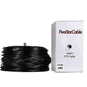 FiveStarCable 1000Ft Cat5e FTP 24AWG Outdoor Shielded Waterproof Direct Burial Rated 350MHz Bulk Ethernet Router LAN Cable Black