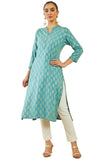 Soch Womens Teal Rayon Paisley Foil Print Straight Kurta with Pocket