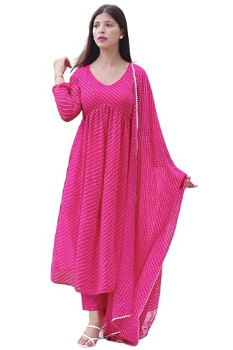 Anni Designer Women'S Georgette Lehariya Printed Anarkali Kurta With Pant & Dupatta (Mothda-Pink_S_Pink_Small),Pink,S