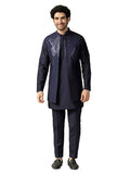 Kisah Men'S Kurta Jacket Trouser Set, Blue Cotton Blend, Embellished Regular Fit Mandarin Collar Long Sleeves (38)