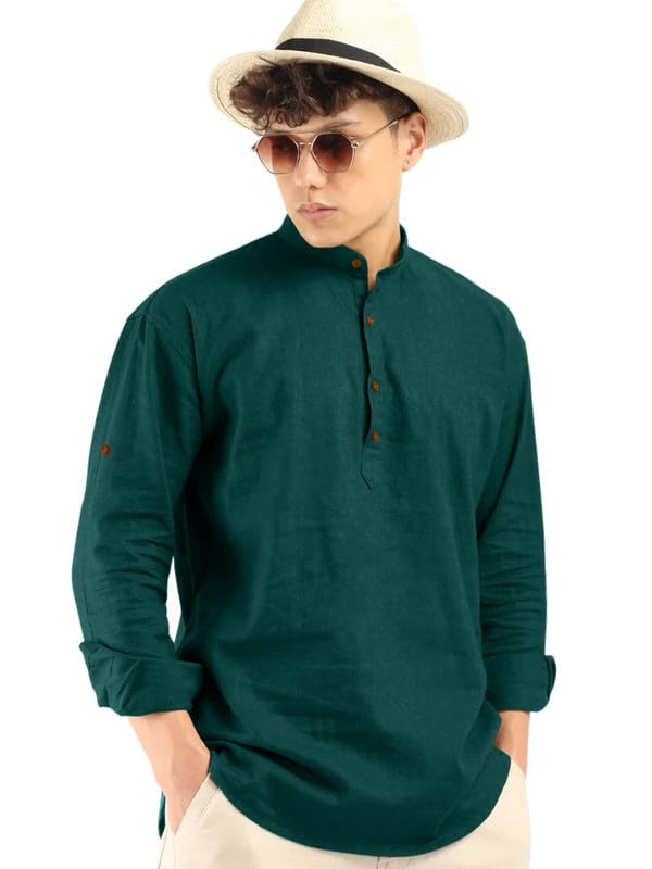Royalscout Men'S Cotton Polyester Blend Solid Regular Fit Full Sleeve Short Kurta Green