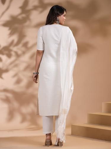 Anni Designer Women'S Rayon Blend Printed Straight Kurta With Pant & Dupatta (Nukad Cream-Nw_Xl_Cream_X-Large),Cream,XL,Rayon Blend,Regular,Kurta, Scarf