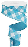 Diagonal Plaid Check Wired Edge Ribbon - 10 Yards (Turquoise, White, 1.5)