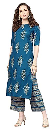 Gosriki Women'S Cotton Straight Kurta With Palazzo (Gshk102_Xl_Blue_X-Large),Blue,,B09H36X1X5