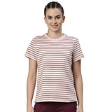 Enamor Athleisure Women's Relaxed Fit Short Sleeve Crew Neck 4 Way Stretch Breathable Antimicrobial Cotton Tee with Graphic - A3S1(A3S1-Rose Water Str / Happy Soul Graphic-M),Rsewatstr/Happysoul
