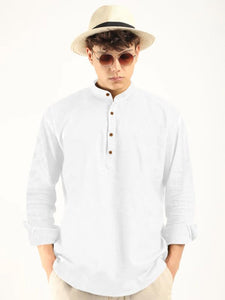 Royalscout Men'S Cotton Polyester Blend Solid Regular Fit Full Sleeve Short Kurta White White 2Xl Jm_Button_White_Xxl